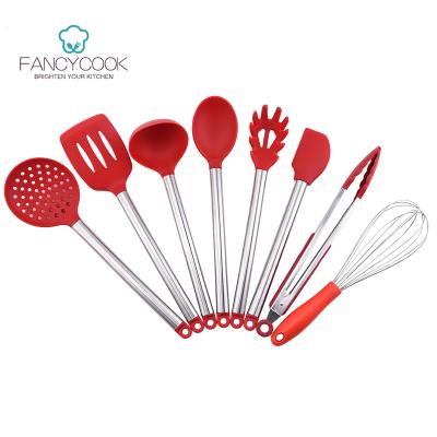 China Sustainable Hot Selling 8 Pcs Kitchen Stainless Steel Handle Silicone Cookware Set With Plastic Holder for sale