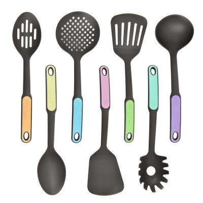 China Viable TPR Handle 7 Pcs Colorful Kitchen Turner Skimmer Soup Pocket Spoon Nylon Set Cookware Set for sale