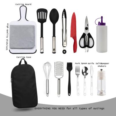 China Sustainable Camping Equipment 16 Pieces Outdoor Travel Cooking Tools Kitchen Utensils Set With Backpack for sale