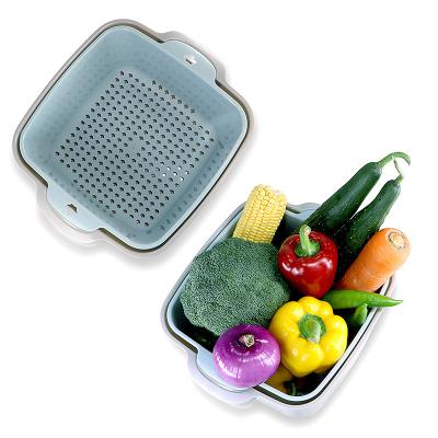 China Hot Selling Two-Layer Sustainable 2 In 1 Square Shape Fruit Vegetable Sieve Washing Basket For Kitchen for sale