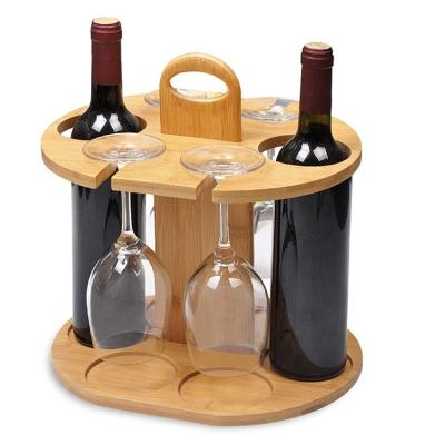 China Viable Glass Wine Rack Cup Holder With Handle - Wine Organizer Bamboo Stand Countertop Tabletop Display for sale