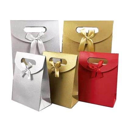 China High Quality Gold Gift Silver Red Fine Paper Bag With Ribbon Bow For Wedding Business Valentine's Party Different Gift Packaging for sale