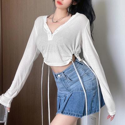 China 2021 New Design Drawstring Long Sleeve White Top T Shirt Women Breathable T-shirt Fashionable Crop Tops for sale