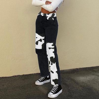 China New fashion breathable ladies scare print jeans women patchwork waist jeans pants high for sale