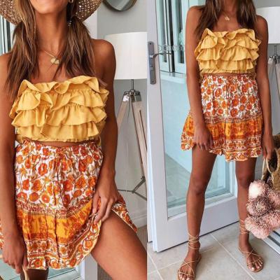 China Breathable Bohemian Flower Printing Women's High Waist Ruffle Skirt Flared Boho Mini Skirt Pleated Line for sale