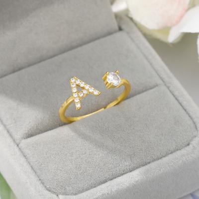 China Adjustable A-Z Adjustable Romantic Rhinestone 26 Open Initials Letter Finger Rings For Women for sale