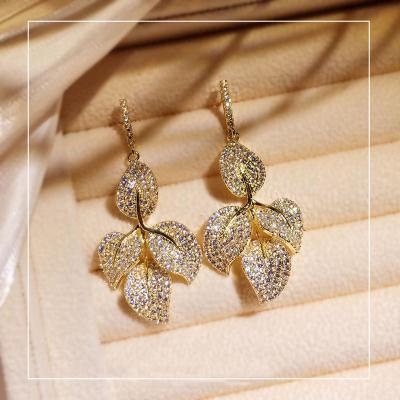 China Various Bling TRENDY ROMANTIC Leaf Shape Drop Paved Colorful Zircon Earrings For Women for sale