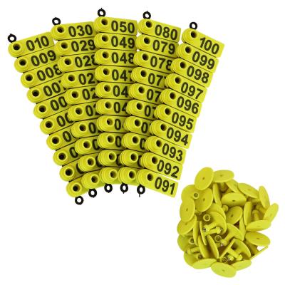 中国 Ear Tags For Goats Sheep Lambs Pigs, Made Of Real TPU Material, Yellow Color, Numbered 001-100 販売のため