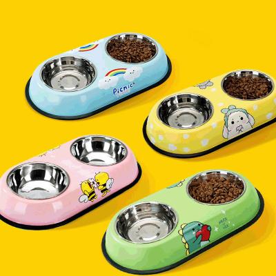 China Sustainable Cute Double Dog Food Bowl Stainless Steel Pet Bowls For Cats And Dogs for sale