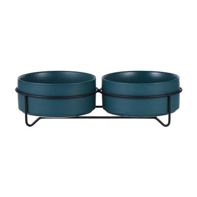 China Sustainable Multicolor Pet Food Double Bowl Ceramic High Pet Cat Bowls With Steel Frame for sale