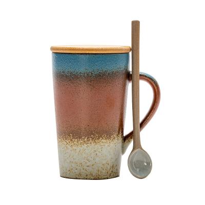 China Retro Minimalist Breakfast Mug Japanese Style Stoneware Mug Art Decor Ceramic Fambe Mug With Cover Spoon Gift Mug for sale