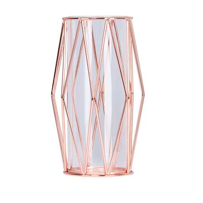 China Creative Art Decor Nordic Style Iron Diamond Glass Hydroponic Vase Gold Vase for Flower Arrangement Modern Light Luxury Household Ornaments for sale