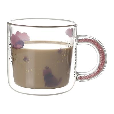 China Art Decor Processing Customized Mingshangde Double Layer Mug Household Office Water Cup Cute Handle Coffee Glass Cup Female Water Cup for sale