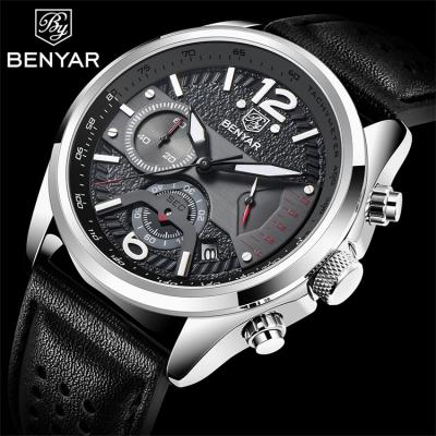 China Benyar Water Resistant Men Watches 5171 Chronograph Calendar Sports Men Watch Army Military Top Brand Luxury Black Genuine Leather Male Watch for sale