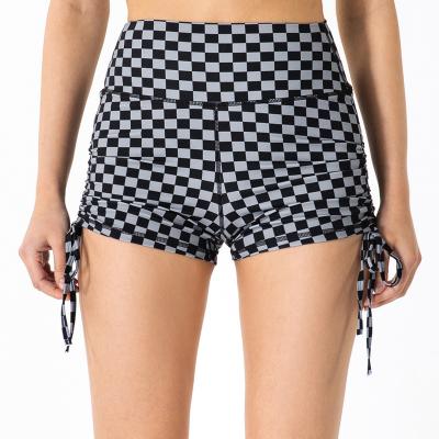 China new summer Anti-wrinkle and checkerboard spring plaid sports shorts women's high waist nude tight hip lift drawstring yoga running shorts for sale