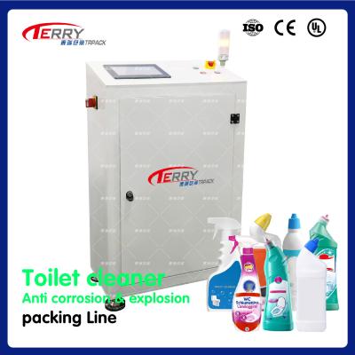 China Chemical Packaging Line for Bathroom Cleaner WC Schiumattiva Candeggina Filling Packing Machine for sale