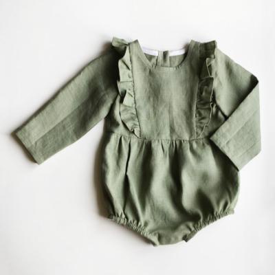 China Substantial Eco-friendly Washable Breathable Green Jumper Ruffled Baby Onesie Linen Baby Clothes Romper for sale