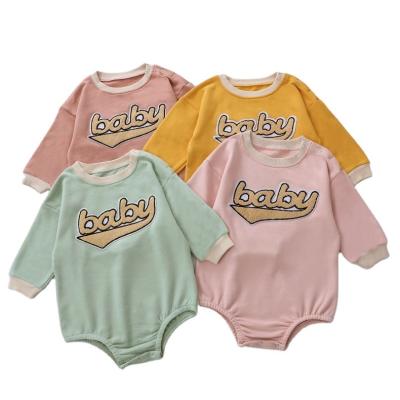 China Substantial Eco-friendly Washable Breathable Wholesale Baby And Infant Clothing 100%cotton Baby Bodysuit Loose Solid Crew Neck Bubble Sweatshirt Romper For Autumn for sale