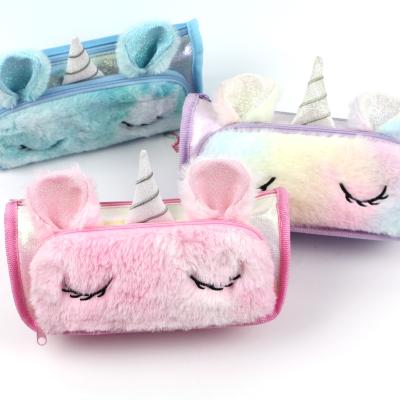 China Top fashionable furry unicorn kawaii student large capacity school pencil case stationery box for sale