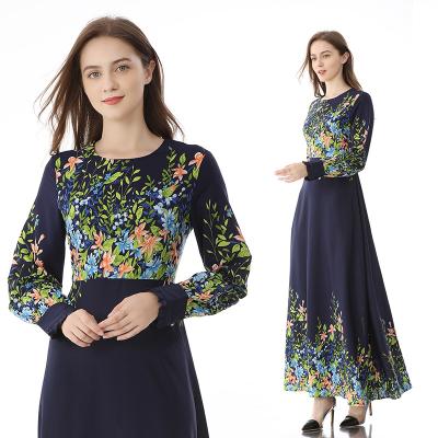 China Wholesale Elegant Elegant Islamic Ladies Fashion Round Neck Floral Abaya Long Skirt Muslim Girl Long Sleeve Long Slim Dress Dress for sale