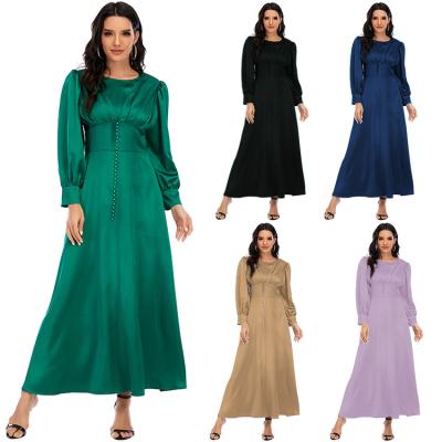 China New Arrival Dubai Muslim Women Tunic Leisure Beaded Elegant Satin Maxi Dress Islamic Ladies Abaya Dress for sale