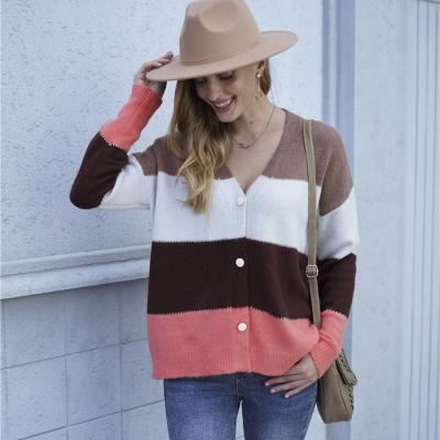 China Cardigan Striped Button V-neck Fashion Knit Sweater Womens Cardigans for sale