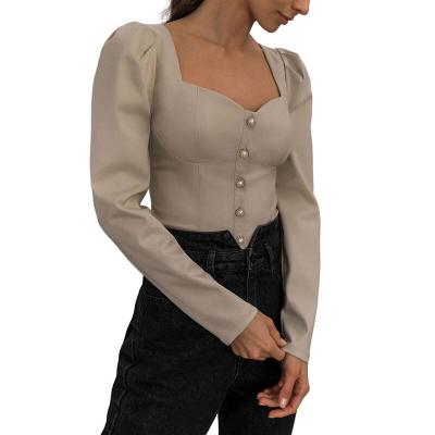 China New Fashion Vintage Design Long Leg Sleeve Button Breathable Square Neck Women's Top Autumn Winter Blouse for sale