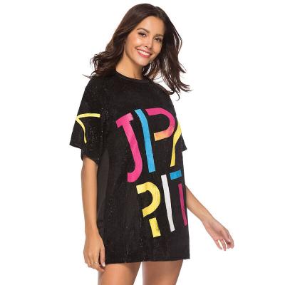 China Hot Selling Streetwear Letter Print Breathable Shiny Girl Dress Women Fashion Oversized Tee for sale