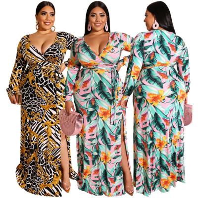 China Amazon Hot Selling Plus Size All Over Tropical Floral Print V-Neck Side Split Plus Size Women's Dress for sale