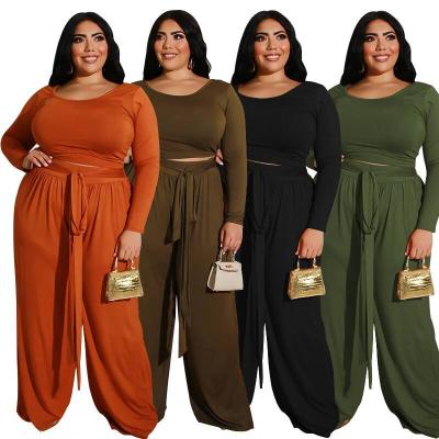 China Autumn Winter Casual Basic Solid Breathable Knitted Plus Size Tee And Wide Leg Pants Set For Women for sale