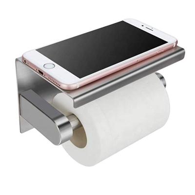 China Modern 304 Stainless Steel Bathroom Adhesive Toilet Paper Holder With Mobile Phone Shelf for sale