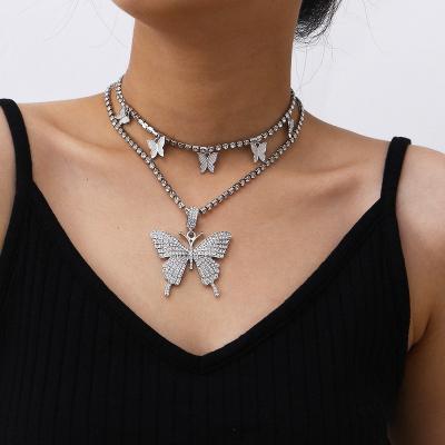 China Dina Vintage Women Jewelry Double Layer Chunky Crystal Butterfly Choker Necklace Chunky Statement Necklace Jewelry for sale