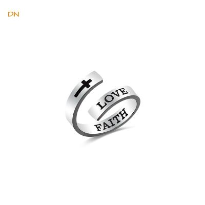 China BOHEMIA Dina Simple Custom High Polishing Engrave Faith Love Letters Stainless Steel Men Cross Adjustable Rings for sale