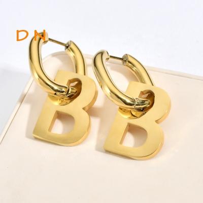 China Dina Woman Fashion Trendy Letter B 18K Gold Plated Stainless Steel Earrings Loop Jewelry for sale