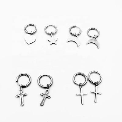 China Hiphop Dina Wholesale Custom Hip Hop Man's DIY Stainless Steel Silver Cross Stars Moon Simple Circle Earrings Clips Jewelry for sale