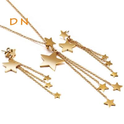 China Vintage Dina New Arrival Trendy Wholesale 18K Gold Plated Stainless Steel Jewelry Set Shiny Jewelry Stars Necklace&Tassel Earring Sets for sale