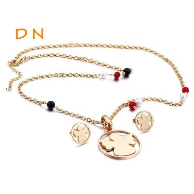 China Dina Wholesale Personalized Jewelry Bohemia Religious 18K Gold Plated Pearl Stud Necklace Chain Earrings Angel Jewelry Sets Jewelry for sale