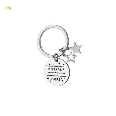 China Stainless Steel Dina Custom Designed Engraved Stars and Letters Friendship Round Flat Stainless Steel Star Charms Key Chain for Men for sale