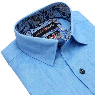 China 2021 Anti-Shrink New Long Sleeve Shirt Light Blue Warm Solid Canvas Contrast Paisley Printed Shirt For Man for sale