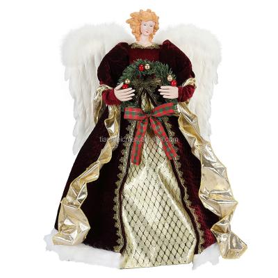 China Fabric 60cm Christmas Wreath Angel with White Feathers Ornament Traditional Top Collectible Doll Tree Figurines Christmas Holiday Decoration for sale