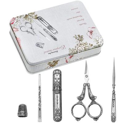 China 5pcs/set Exquisite Vintage Scissors Set Scissors Awl Threader Thimble Needle Storage Case Sewing Kit DIY Embroidery Sewing Tool WS20121601 for sale