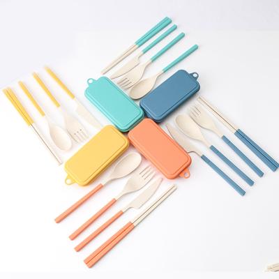 China Travel Viable Cutlery Set With Case Wheat Straw Colorful 4-Piece Set Outside Removable Wheat Straw Portable Cutlery Set for sale