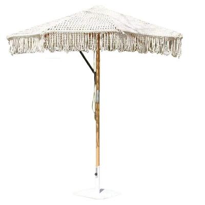 China Outdoor Patio Macrame Parasols 2023 Beach Wood Umbrella 2.5mm Wooden Pole for General for sale