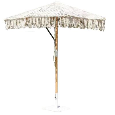 China Outdoor Patio Macrame Beach Wood Umbrella with 2.5mm Wooden Pole and Mail Packing Y for sale