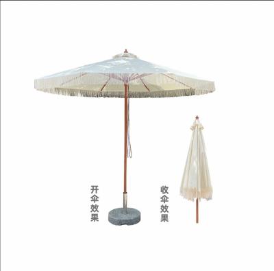 China Hand Woven Tassel Outdoor Column Straight Umbrella with Wood Grain Aluminum Frame for sale