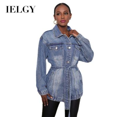 China IELGY Ladies Mid Length Lapel Single Breasted Baseball Uniform Denim Jacket for sale