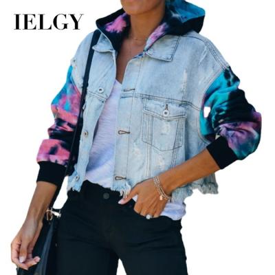 China IELGY Support OEM Viable Colorblock Tie Dye Ripped Jacket Fringed Plus Size Women's Denim Jacket for sale