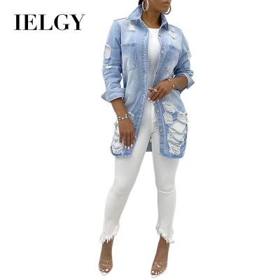 China IELGY Support Sustainable OEM Shredded Plus Size Mid Length Ladies Denim Jacket for sale