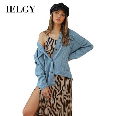 China IELGY Sustainable Denim Ripped Wash Water Street Women Blue Lattice Long Sleeve Jacket for sale