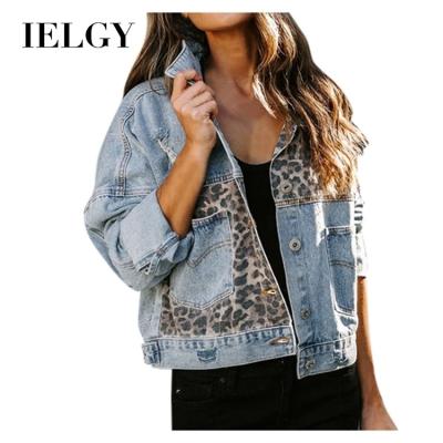 China IELGY viable ladies denim jacket long sleeve European and American leopard print women denim jacket support splicing OEM for sale